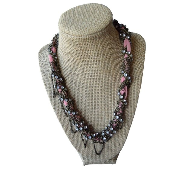 Vintage Statement Necklace With Pink Beads & Rhinestones Chain Design For Women - Picture 6 of 7